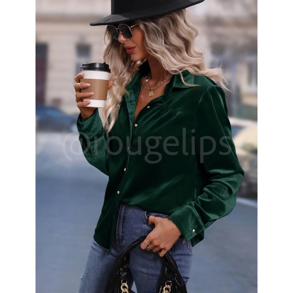 Velvet Green Casual Button Up / Down Shirt Collar, V-Neck - Picture 3 of 7